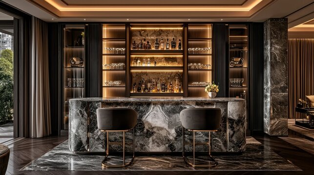 Luxurious Home Bar with Marble Countertop