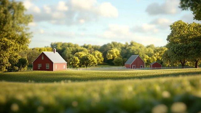 Serene rural landscape featuring red barns amidst lush greenery