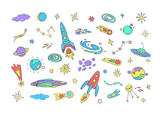 Space for kids, fun sketches. Set of colored cosmos objects on white background, outline design