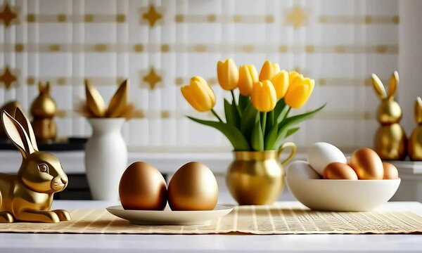 Easter eggs, bouquet of tulips flowers and gold easter bunny on light kitchen table near window. Festive spring vertical card. Selective focus.