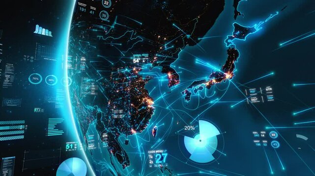 Great Animation of Asia From Space with Financial Charts and Figures. 3D Animation. Futuristic Business and Technology Concept, Artificial intelligence, IOT, AR. China, India, Japan