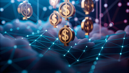An artistic representation of dollar signs in a digital network, symbolizing finance and technology. Crypto currency in cloud space illustration.