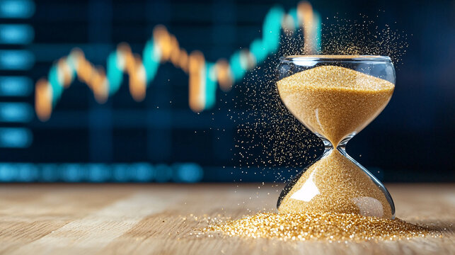 Hourglass Sand Flowing Down in Front of a Blurry Chart Symbolizing Time Sensitivity in Finance