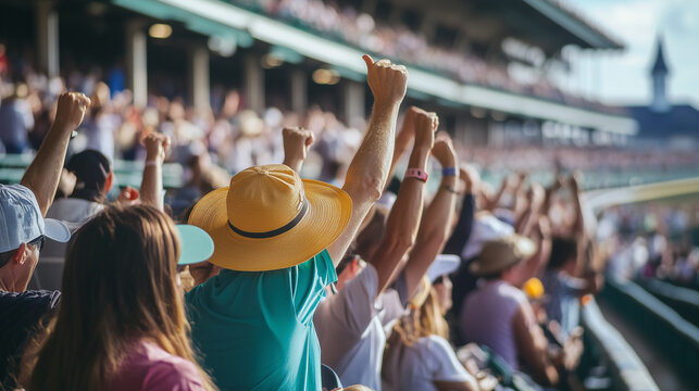 A photo of spectators cheering in the grandstands at Churchill Downs during race day