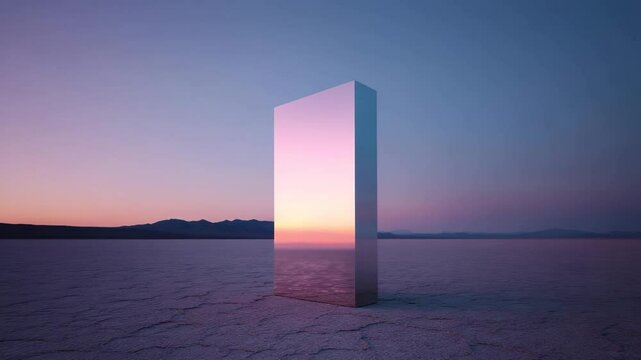 ysterious monolith reflecting pastel sky in desert landscape at twilight, evoking surrealism, isolation, and futuristic exploration themes