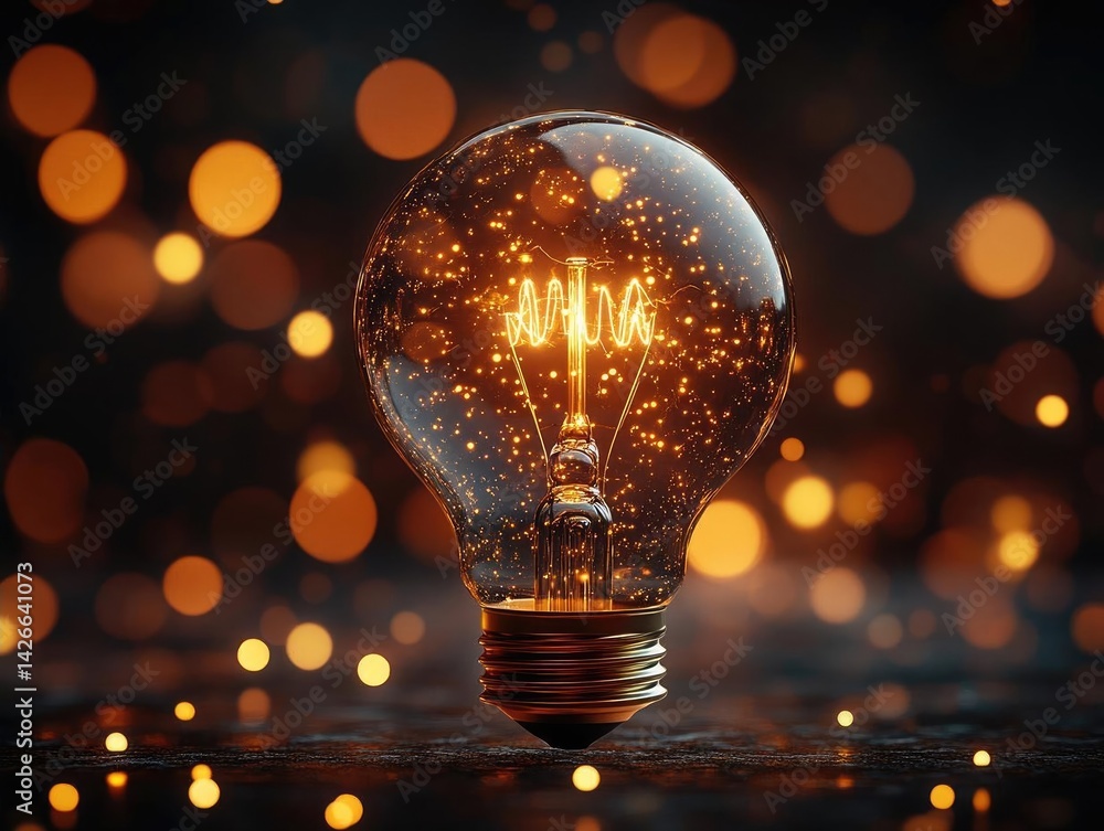 Poster glowing light bulb surrounded by sparkling bokeh, creating a warm ambiance in a dark setting