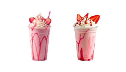 Strawberry Milkshake PNG Duo with Whipped Cream and Drizzle on Transparent Background
