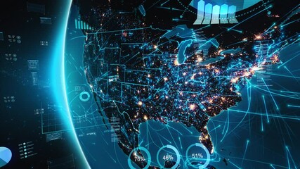 Earth Spinning North American Map with City Lights, Networks and Financial Charts. Futuristic Business Technology Concept Animation, Artificial intelligence, IOT, AR. United States, Mexico, Canada. - Powered by Adobe