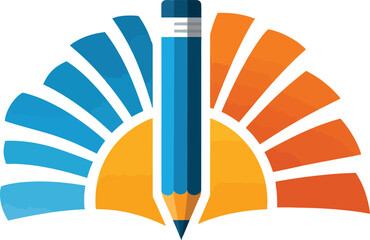 Vector Logo Illustration of a Blue Pencil with Curved Orange and Blue Lines Radiating Outward, Symbolizing Creativity, Writing, and Artistic Expression
