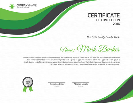 Certificate of Completion: An elegant certificate of completion design, rendered in a clean, modern style, ready for your custom data.
