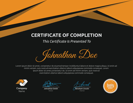 Certificate of Completion Template: Elegant black and orange certificate of completion design, perfect for recognizing achievements.