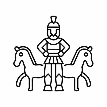 Minimalist icon of a rider standing on two horses in motion, representing Roman riding in circus or liberty performances.
