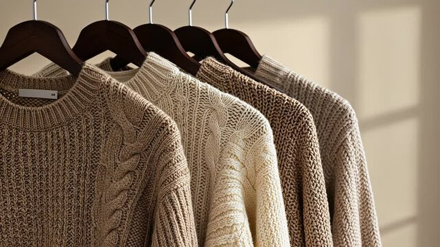 Cozy sweaters on hangers displayed in natural light with shadow patterns