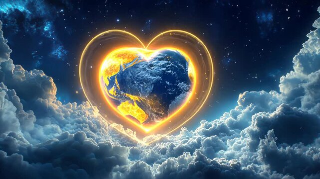 Earth within a golden heart shape at night