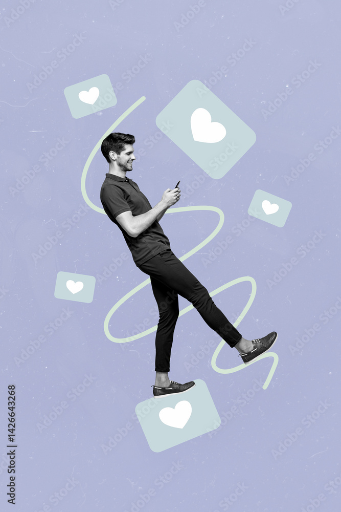 Poster abstract template collage of person use phone with many like reaction on purple background