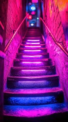 Neon Lit Stairway with Urban Vibe and Retro Futuristic Style