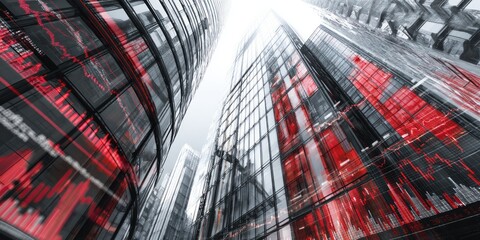 Downturn Stock market price drop reflected on skyscraper facade at city center