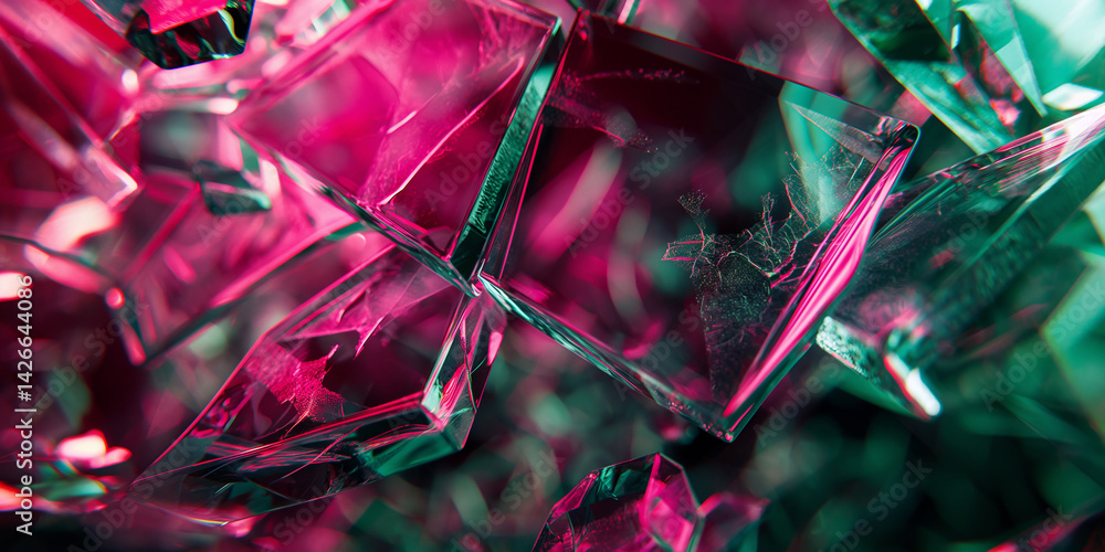 Poster close up of abstract geometric shapes in pink and green crystal like formations with sharp edges