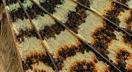 A close-up, highly magnified view of what appears to be the wing of a butterfly or a moth. The intricate details of the wing's structure and coloration are clearly visible.
