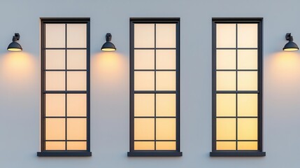 Industrialstyle stainless steel windows with geometric grid patterns, soft ambient lighting, and an ultramodern feel