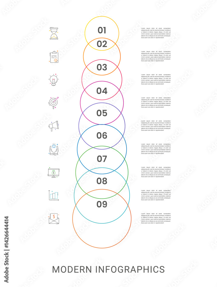 Poster vector line infographics with 9 circles. business concept graphic process template with nine steps. 