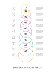 Vector line infographics with 9 circles. Business concept graphic process template with nine steps. Graphic timeline for app, website, interface, chart, levels, web, diagram, banner, presentations