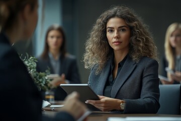 Fototapeta premium Professional women seated at a conference table engaged in a business conversation