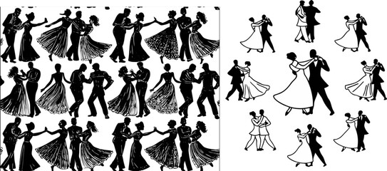 Silhouette of a diverse group of men and women at a social gathering holding drinks and people, sport, illustration, woman, run, men, football, ball, running, basketball, tennis, set, black, player, d