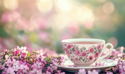 Fototapeta premium Delicate floral tea cup surrounded by blooming flowers in soft sunlight