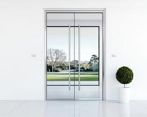 Elegant stainless steelframed French doors with fullheight glass panels, seamless handles, and a contemporary aesthetic