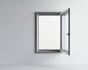 Pivoting stainless steelframed window with ultraslim edges, hidden hinges, and a soft industrial aesthetic