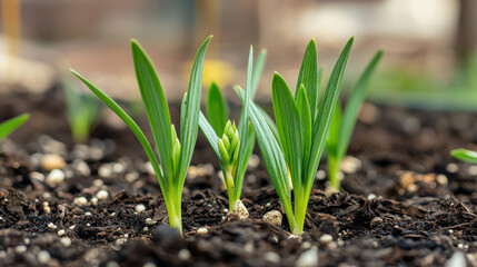 Young green plants sprouting in garden bed, symbolizing growth and renewal in springtime
