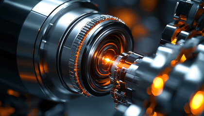 Close up of robotic lens adjusting with laser focus, showcasing intricate machinery