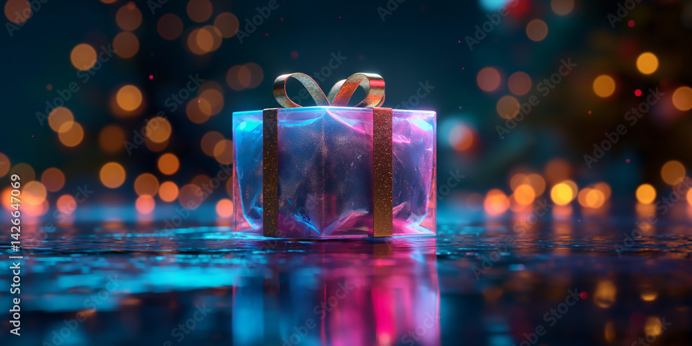 Poster a luminous gift box with golden ribbon on a reflective surface with bokeh lights in the background
