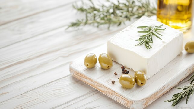 Fresh cheese with olives and olive oil on wooden surface decorated with rosemary sprigs