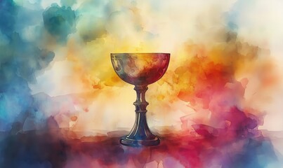 Artistic watercolor illustration of a chalice surrounded by colorful abstract background