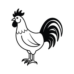 Monochrome vector illustration of a rooster standing on a white background