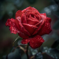 Close up of a vibrant crimson rose covered in glistening water droplets shown well