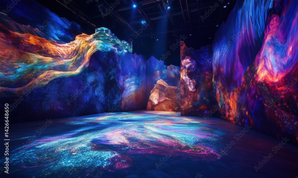 Poster vibrant immersive art installation with colorful light projections and abstract patterns
