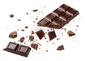 Falling pieces of chocolate create delightful mess with scattered chunks and crumbs