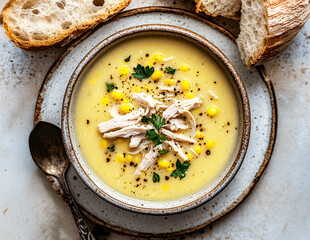 Chicken Corn rich and creamy soup with chicken breast, potatoes, sweet corn. Generated Image