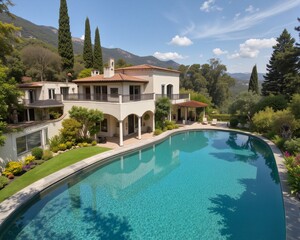 Fototapeta premium A luxurious estate with a private infinity pool, surrounded by lush greenery and towering trees. The house features a terracotta-tiled roof and white stucco walls, with multiple balconies overlooking 
