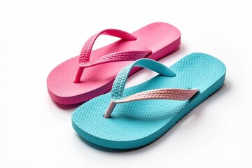 Pair of colorful flip-flops, isolated, white backdrop, contrast, view, texture