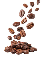 Naklejka premium Falling coffee beans create dynamic and aromatic scene