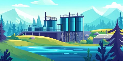 Fototapeta premium Industrial facility near serene lake surrounded by mountains and lush greenery