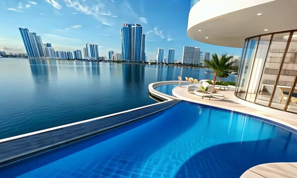Sunny waterside living featuring an infinity pool with city views from a modern, luxurious architectural marvel