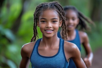 Young girls joyfully running in a lush green forest, showcasing fitness and friendship