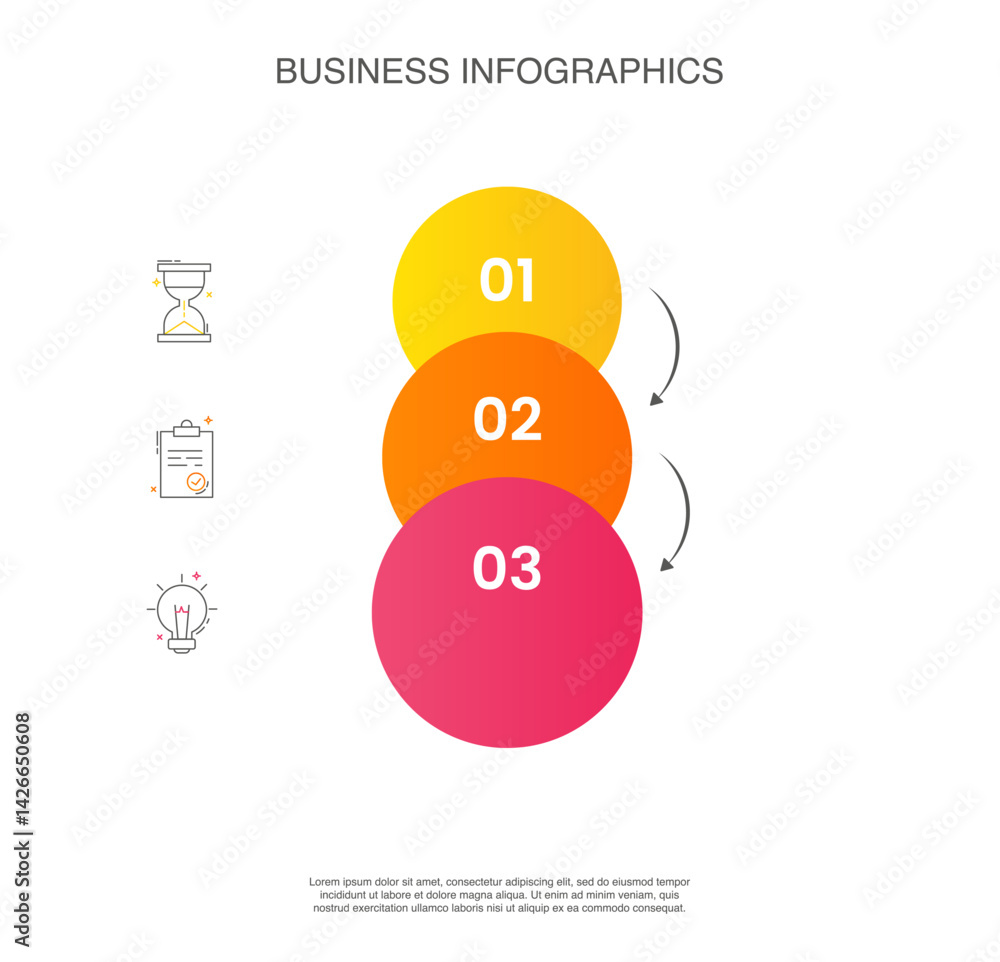 Poster business vector infographics with three circles and arrows. timeline visualization with 3 steps for 