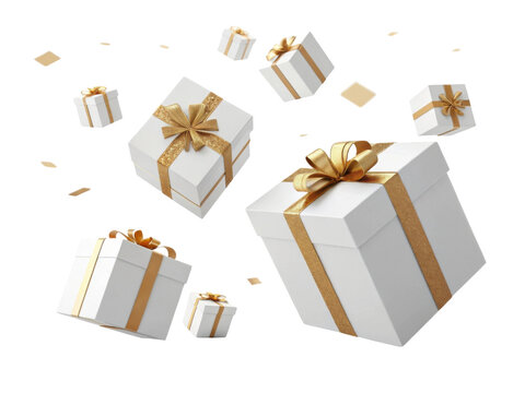 White gift boxes with gold ribbons float joyfully in air creating festive atmosphere