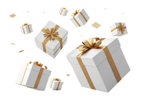 White gift boxes with gold ribbons float joyfully in air creating festive atmosphere